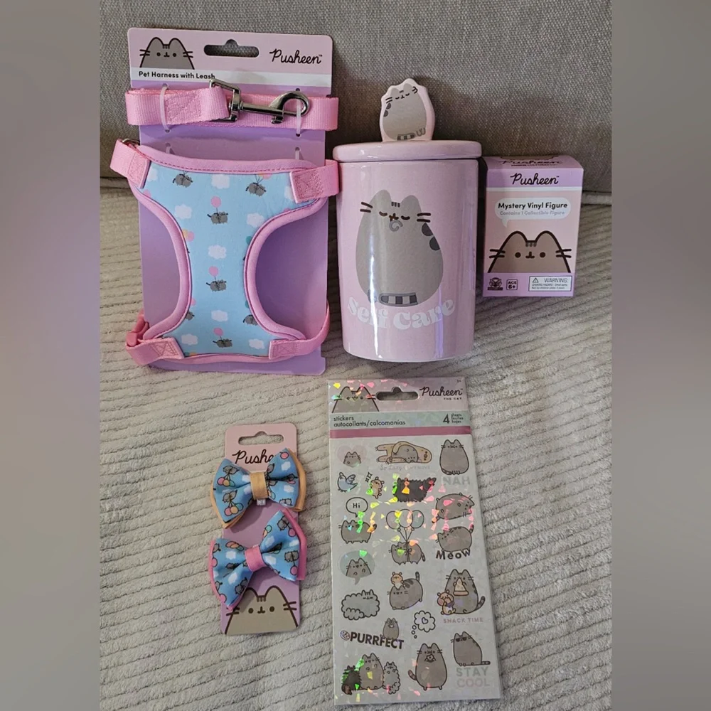 Pusheen Gift Set w/Harness & Leash Set, Bows, Figurine, Treat Jar, More